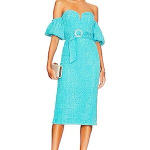 Penelope Off-Shoulder Belted Midi Dress in Tahitian Blue